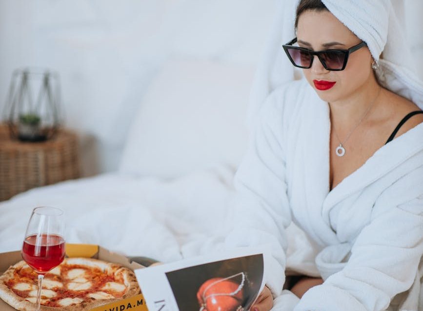 relaxed morning routine with pizza and magazines